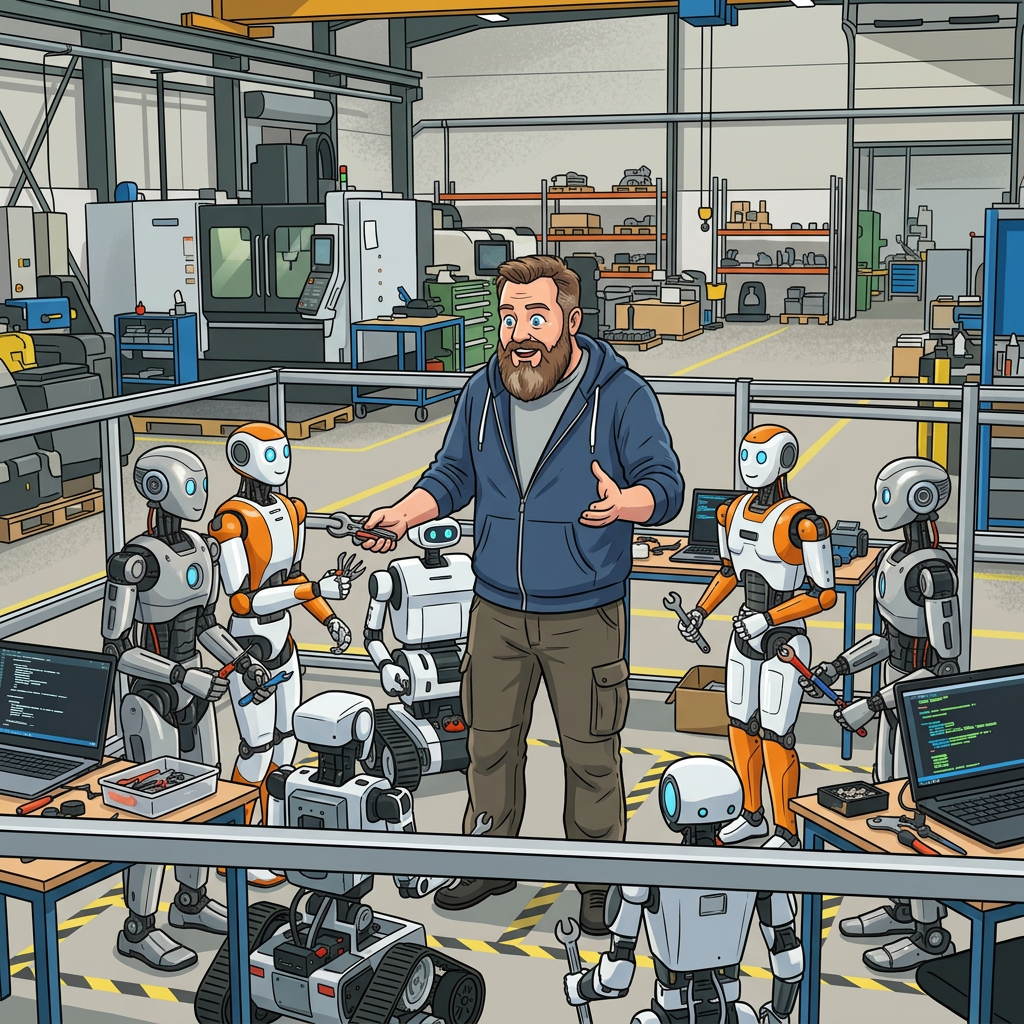 Engineer demonstrating robots in an industrial robotics workshop